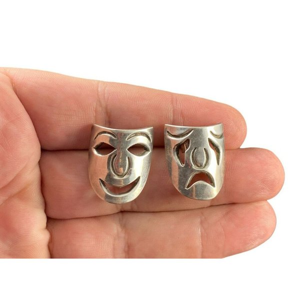 Taxco Mexico TP-68 Sterling Silver Comedy Tragedy Mask Earrings Fine Post Pierce - Picture 1 of 3